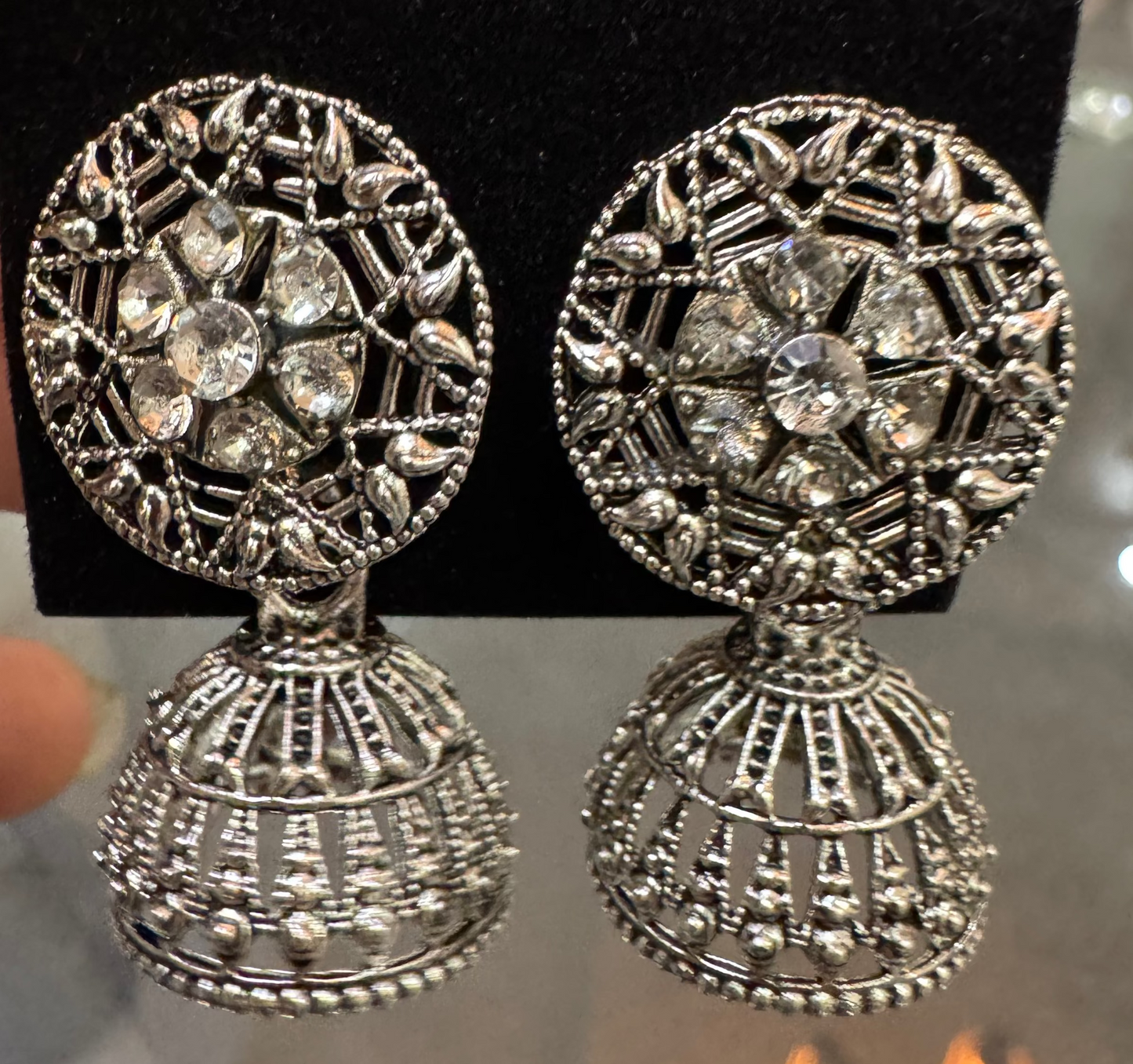 The Chandni Filigree Jhumkas – Antique Silver-Plated Geometric Crystal Drop Earrings