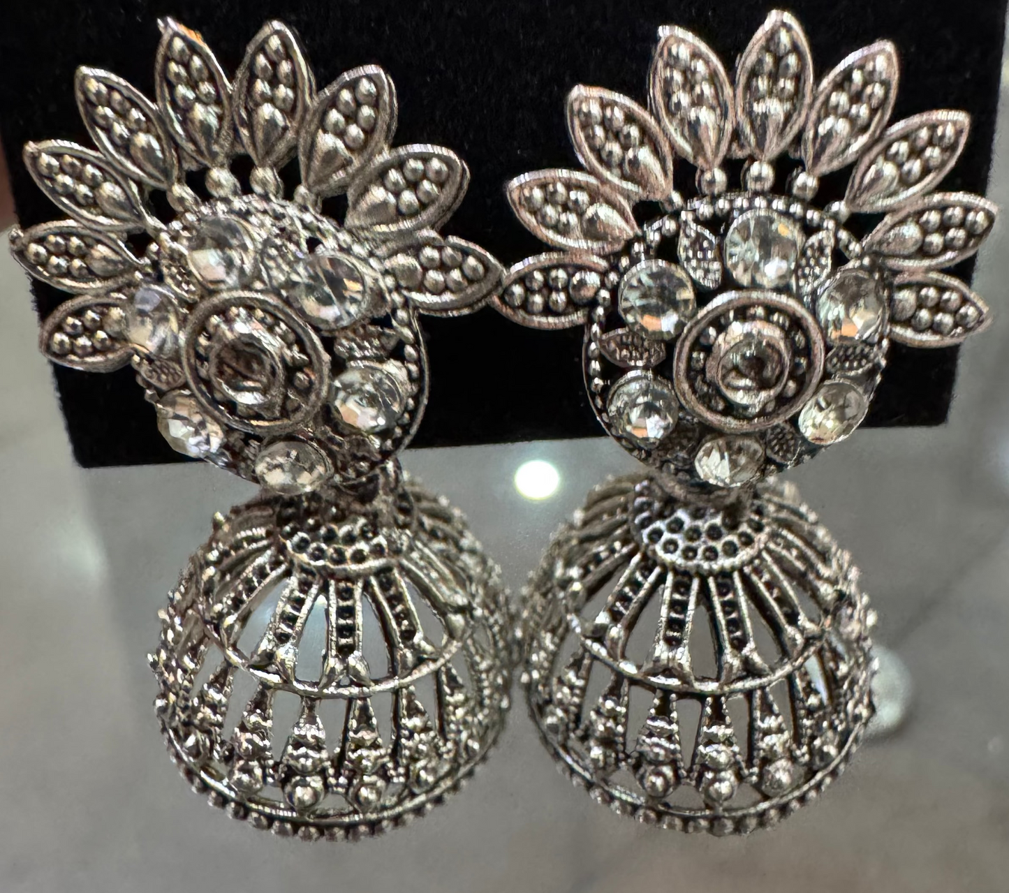 Silver-Plated Sunflower Stone Jhumka Earrings