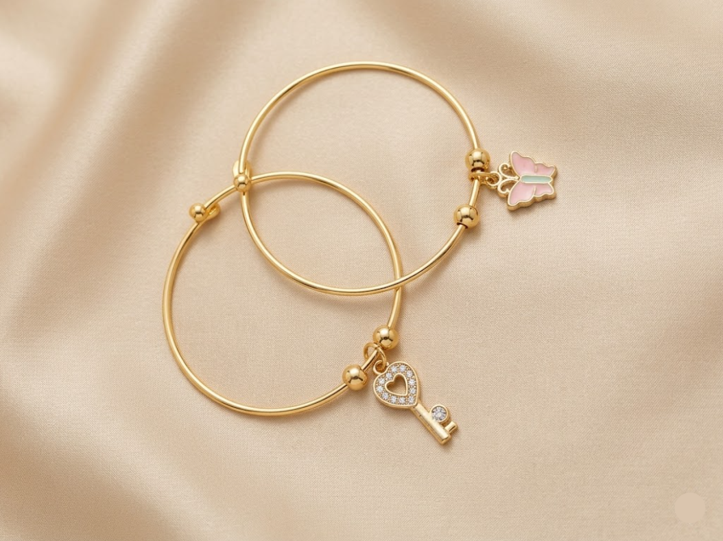 The Secret Garden Set – 18k Gold-Plated Sweetheart Key & Pastel Butterfly Bangles
