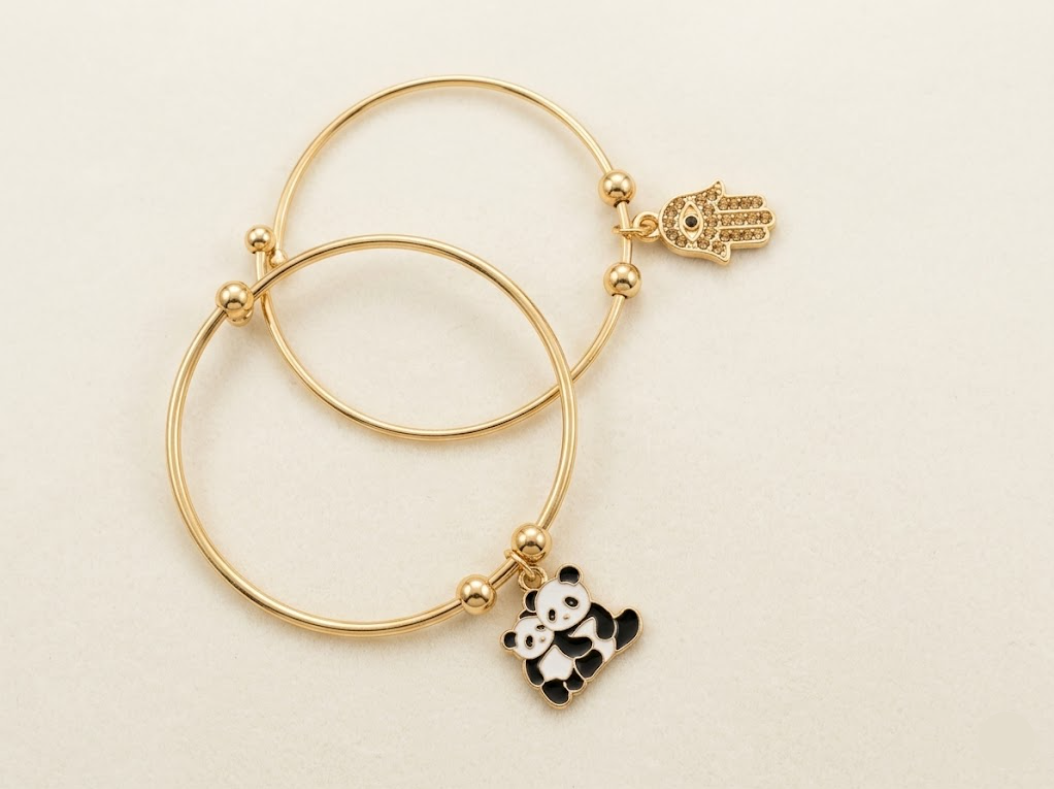 The Guardians & Grace Set – 18k Gold-Plated Panda & Pavé Hamsa Hand Bangles
