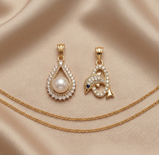 Pear-Cut Pearl & Dolphin Pendant Set
