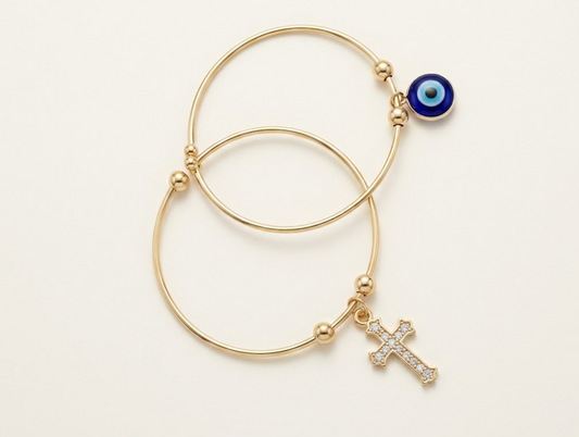 The Divine Protection Set – 18k Gold-Plated Classic Evil Eye & Pavé Cross Bangles