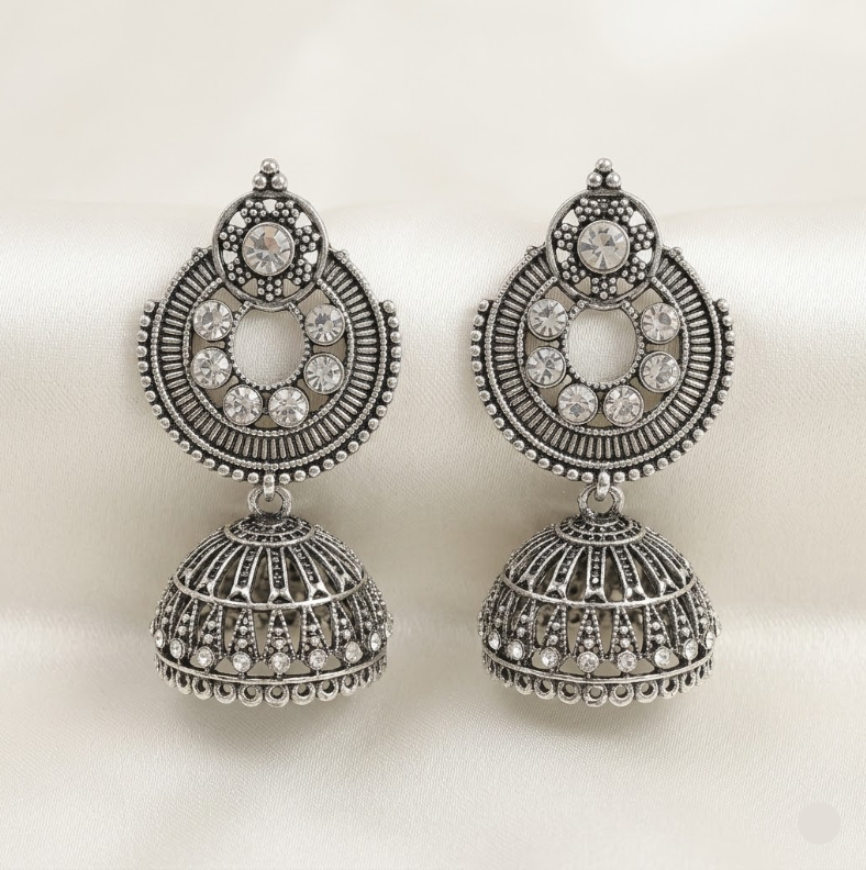 Solitaire Jhumka Earrings in Sterling Silver Plating