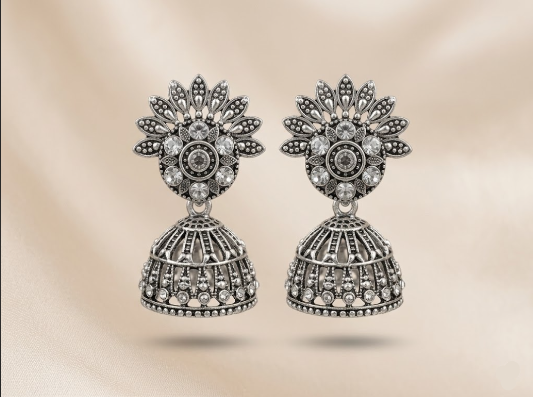 Silver-Plated Sunflower Stone Jhumka Earrings