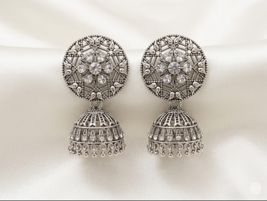 The Chandni Filigree Jhumkas – Antique Silver-Plated Geometric Crystal Drop Earrings
