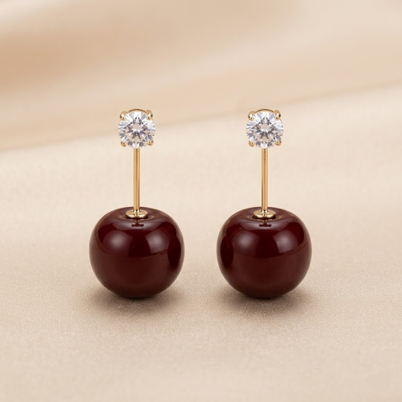 The Amuse-Bouche Cherry Studs – 18k Gold-Plated Solitaire & Deep Crimson Drop Earrings