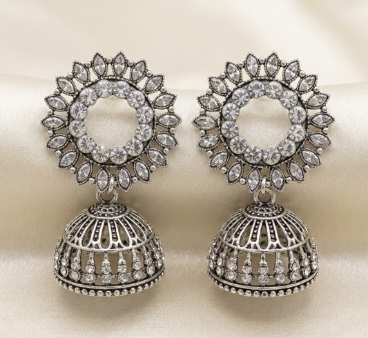 The Helios Blossom Jhumkas – Silver-Plated Sunflower Drop Earrings