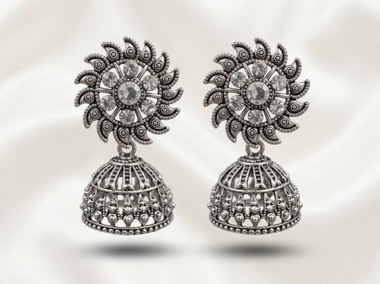 Silver-Plated Sunflower Stone Jhumka Earrings