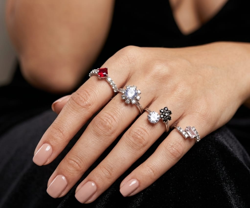 Midnight & Ocean Crystal Ring Set – Silver Plated Statement Collection [Set of 4]
