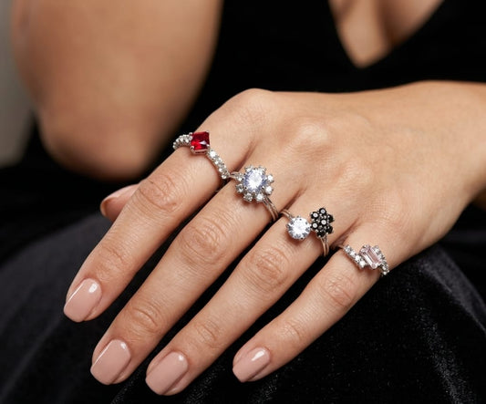Midnight & Ocean Crystal Ring Set – Silver Plated Statement Collection [Set of 4]