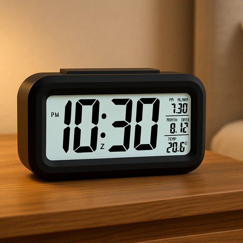 Modern Digital LCD Alarm Clock with Intelligent Smart Backlight